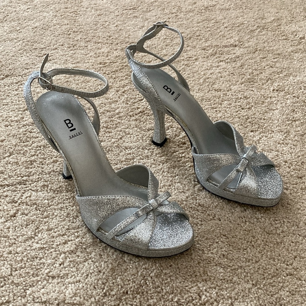 Silver glittery high heel shoes size 6M. Bakers. Wore only few times.